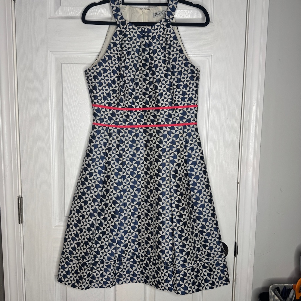 ELIZA J Fit‎ And Flare Blue/Cream Geometric Dress Pink Detailing Pockets Size 4